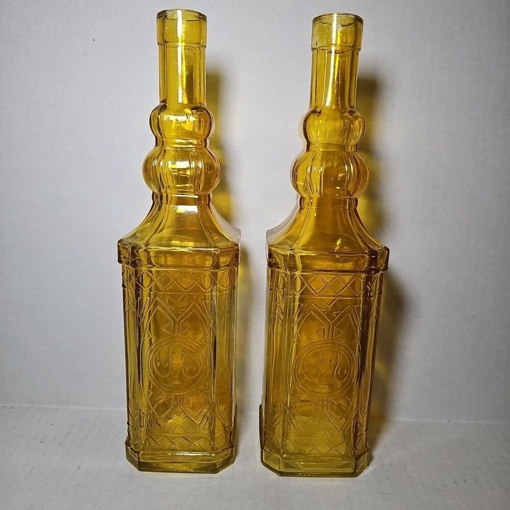 Set Of 2 Vintage Amber Embossed  Decanters Bottles 11.5" Tall Retro MCM